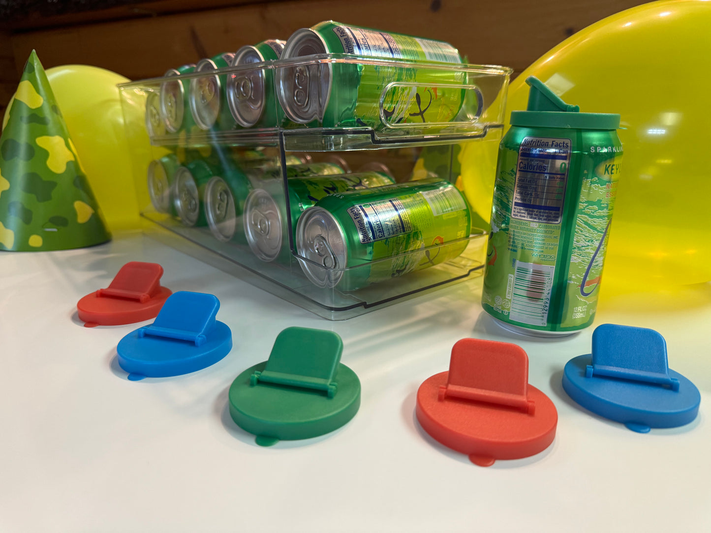 Gift Bundle: 1 Can Organizer and 6 Pack of Soda Can Lids / for Energy Drinks, Soda, Seltzer, and Beer